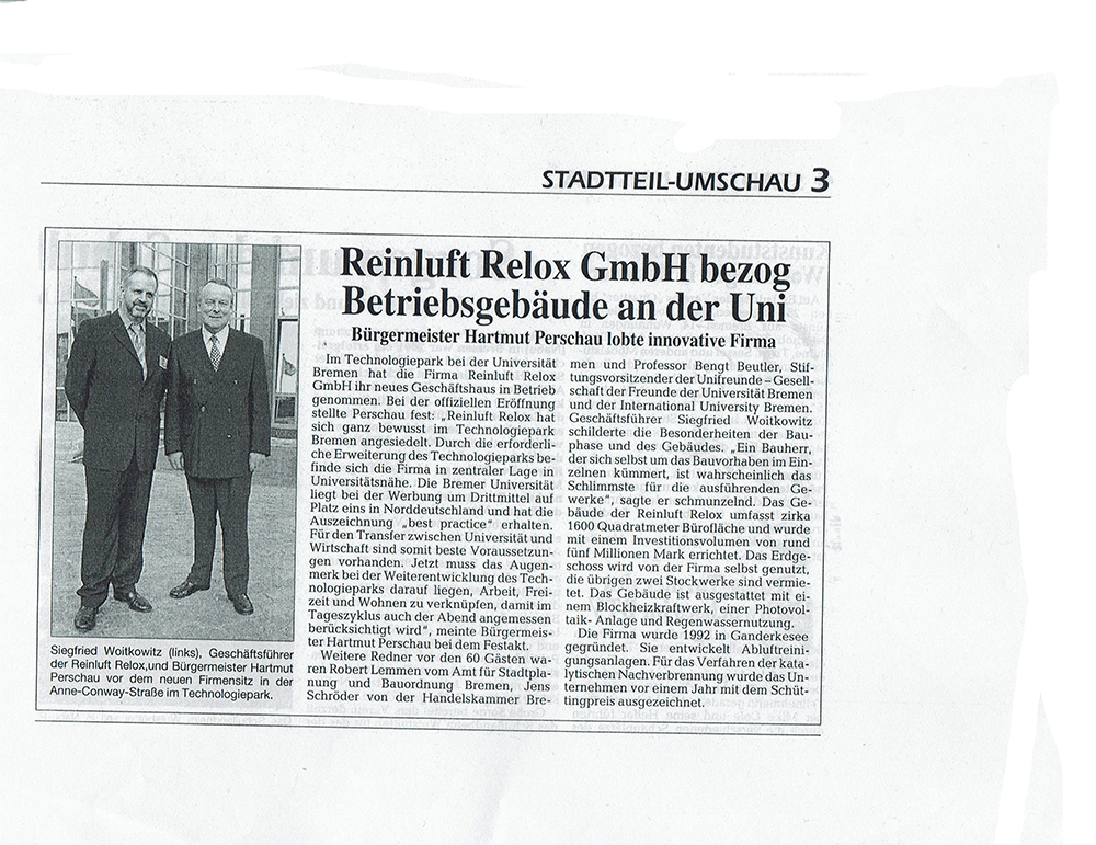 Reinluft Relox GmbH bezog Betriebsgebude an der Uni